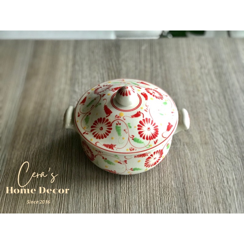 Thố cơm men rạn cổ Gốm Bát Tràng hoạ tiết hoa cúc dây đỏ vẽ tay