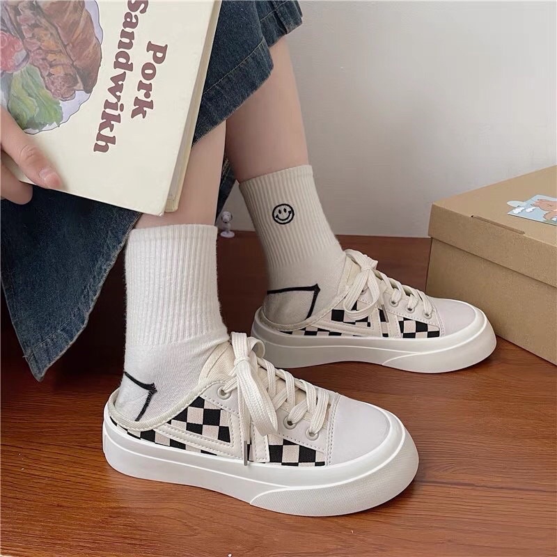 Giày Sục Thể Thao Đạp Gót Giày Búp Bê Nữ Đế Độn Caro Vải Canvas Năng Động Đi Học Đi Chơi
