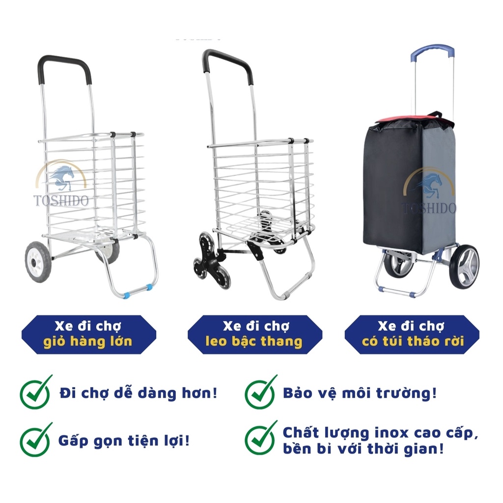 Xe Đi Chợ TOSHUDO , Xe Đi Siêu Thị Bánh Leo Cầu Thang Chất Liệu Hợp Kim Gấp Gọn