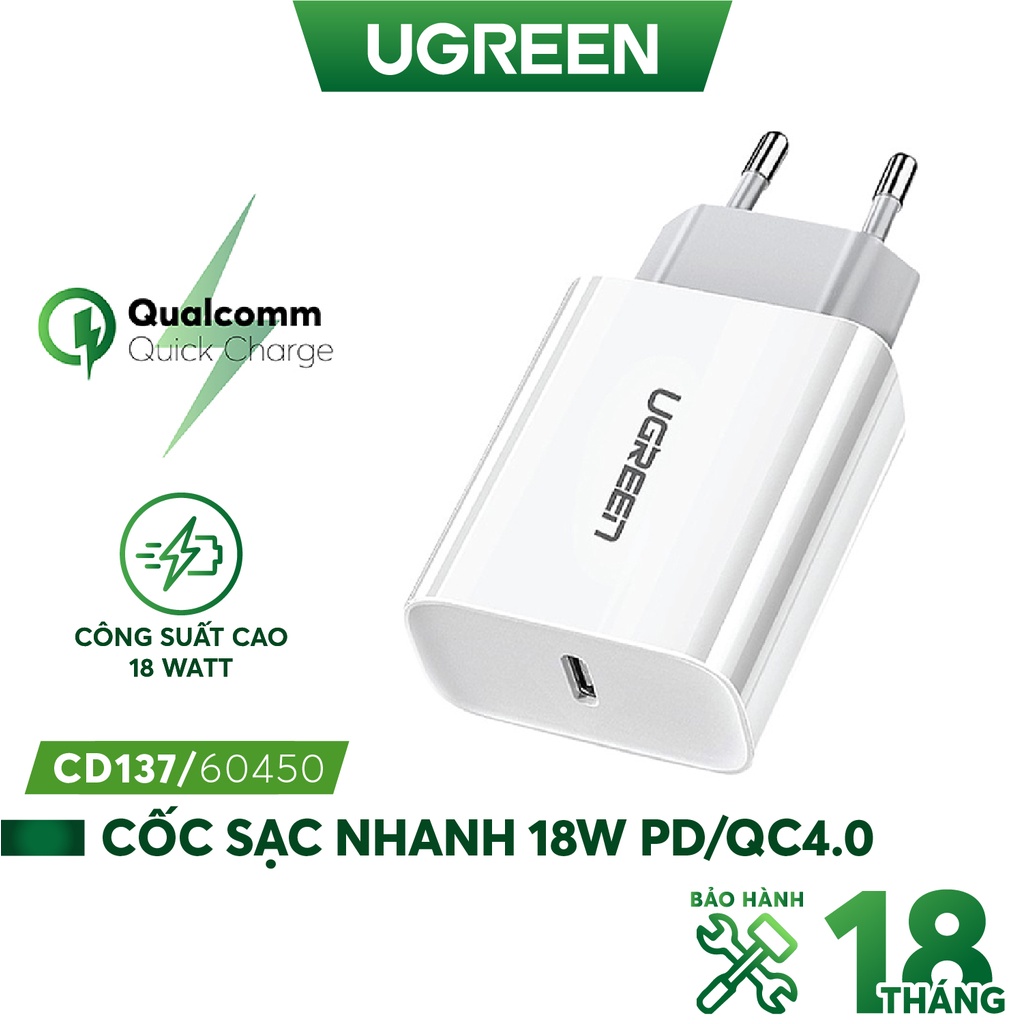 Sạc nhanh  UGREEN CD137 60450 1 cổng USB Type C hỗ trợ PD QC 4.0 3.0 tối đa 18W cho iPhone 12 / Samsung / Xiaomi