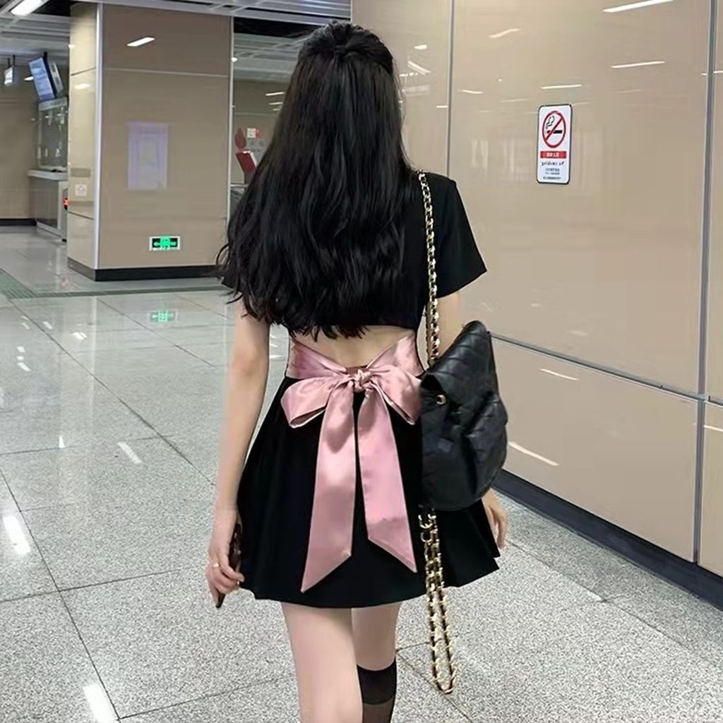 Plus Đầm Cổ Vest Tay Ngắn Thắt Nơ Eo Thiết Kế Xếp Ly Thời Trang Mùa Hè Cho Nữ 200 Jin