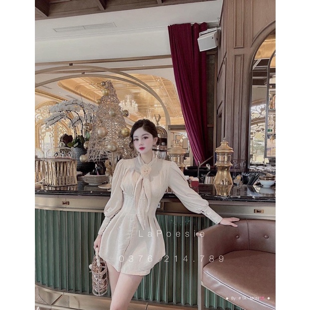 Đầm đen chiết eo đính nơ trắng cổ V cao cấp