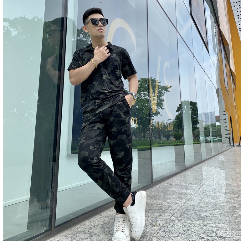 Set Quần Dài Nam Camo Cổ Bẻ Chất Cotton Cao Cấp Có Size Co Dãn Thoáng Mát
