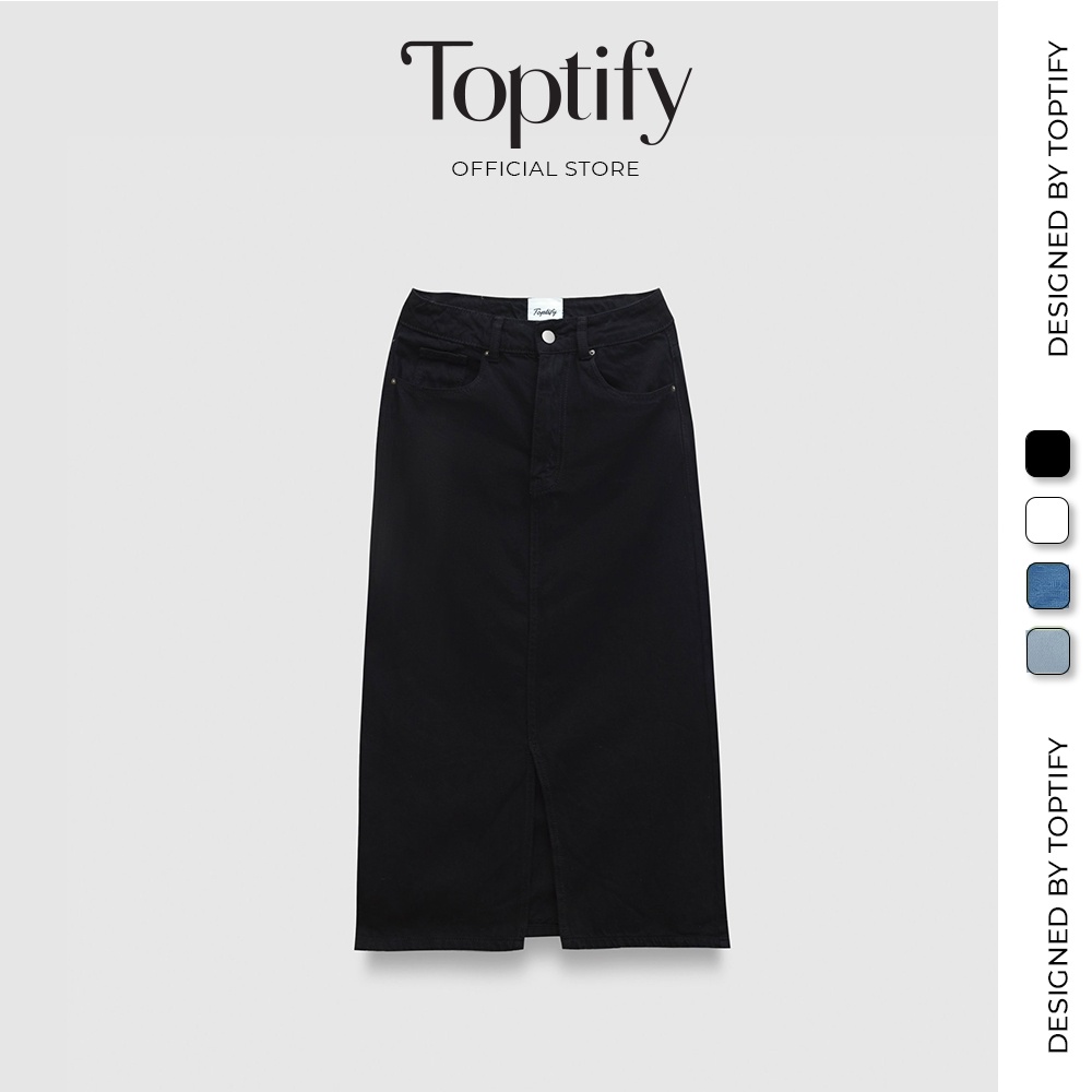 Chân váy jeans dáng dài TOPTIFY vải denim form midi xẻ tà New Mood Skirts TVJ06