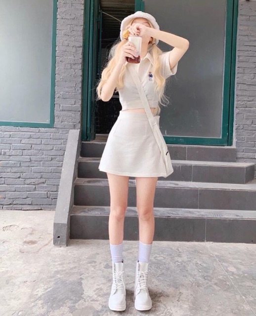 Set áo croptop thêu gấu chân váy chữ a
