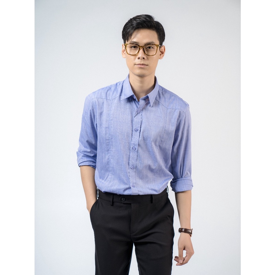 Áo sơ mi nam dài tay OWEN AR220132D somi công sở vải sợi tre cao cấp màu xanh slub có túi dáng suông tà lượn có túi