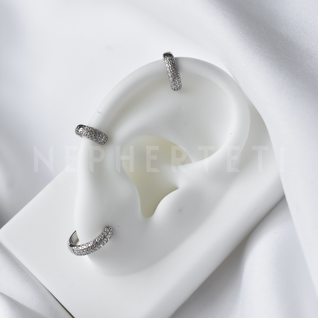 Khuyên tai bạc 925 - Khoen tròn cơ bản ba dãy đá unisex  - Nepherteti