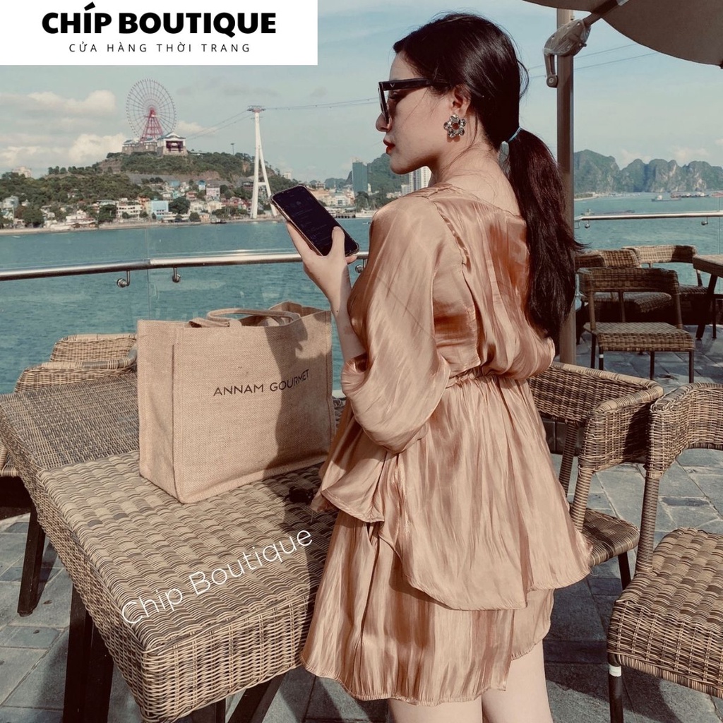 Set váy du lịch tiểu thư sang trọng, chất tơ cao cấp, mềm mịn màu Đen/ Nâu Tây  - Chíp Boutique