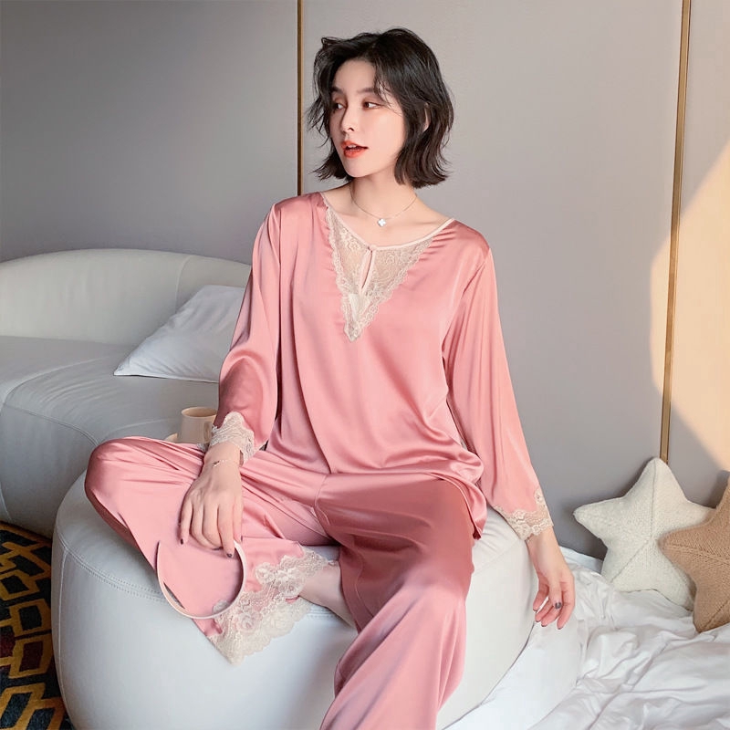 Bộ Đồ Ngủ Pijama Dài Tay Vải Lụa Phối Ren Quyến Rũ Dành Cho Nữ