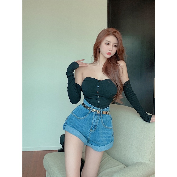 Quần Short Denim Ống Rộng Lưng Cao Uốn Xoăn Phong Cách Trung Hoa Thời Trang Mùa Hè Mới
