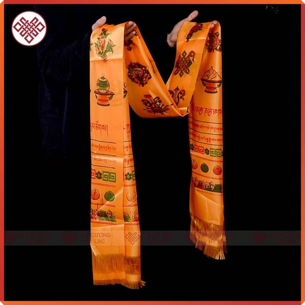 Khăn Khata Bát Cát Tường [Kim Cương Hỷ Lạc] Vẽ Màu 150X28Cm