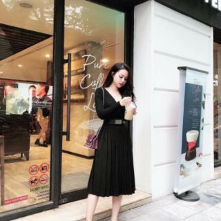 Chân váy midi xếp ly cạp chun