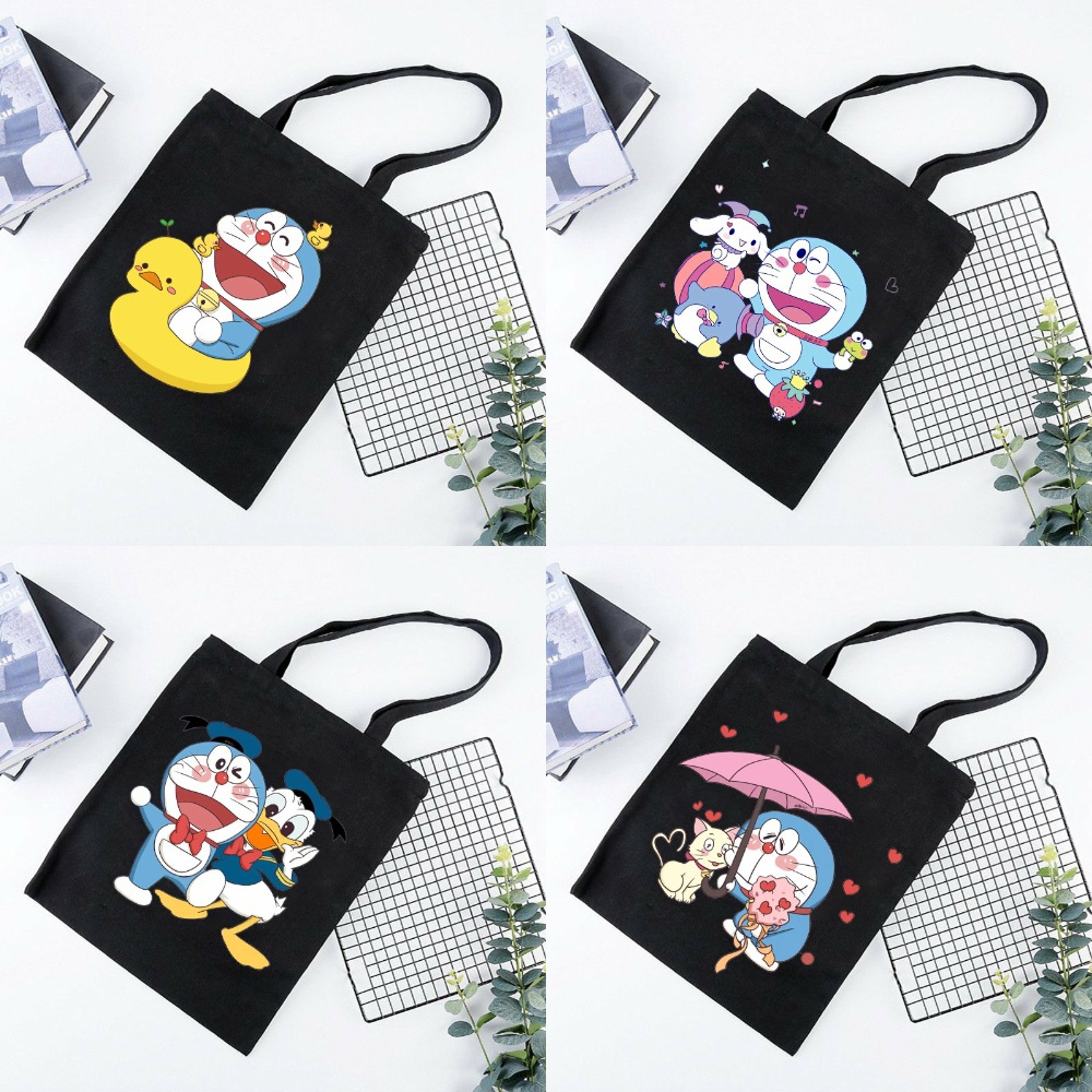 Túi tote vải đen đeo vai DORAEMON CUTE MÈO MÁY THÔNG MINH phong cách in hình anime chibi dễ thương thời trang