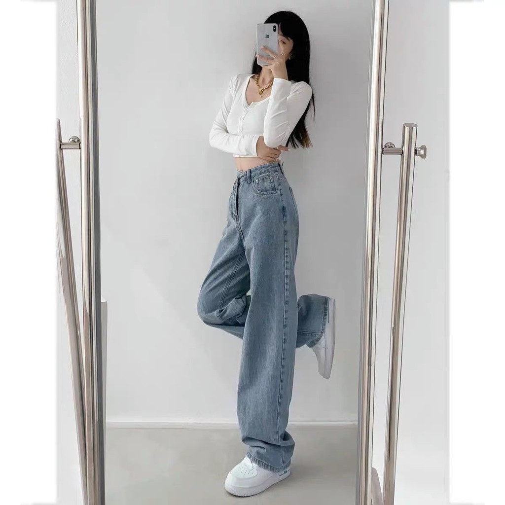 Quần Jean Ống Rộng Cạp Cao Xếp Chéo THUS, Jeans Nữ Dáng Suông Thời Trang Sành Điệu Q2J06