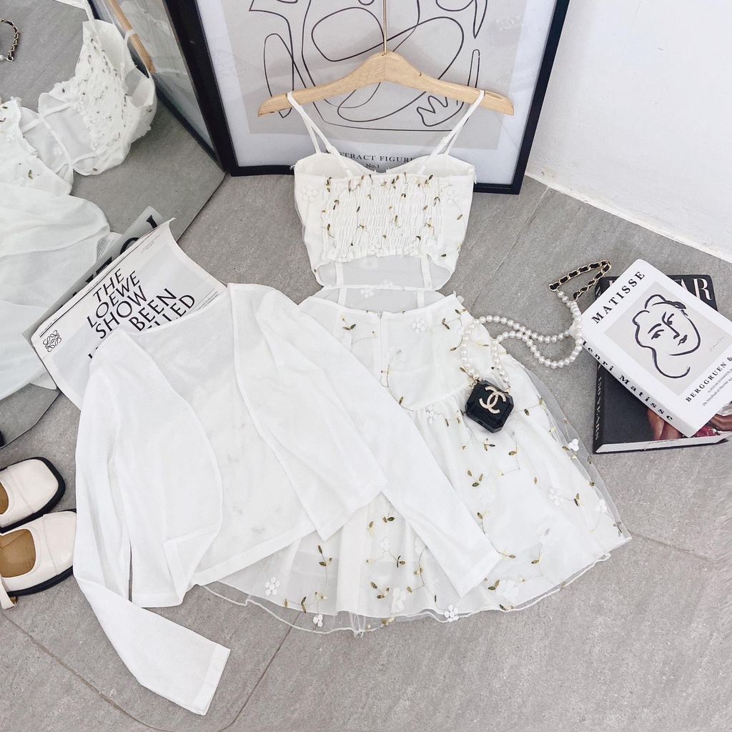SET ĐẦM 2 DÂY HOA LÁ CÚP NGỰC CUTOUT LƯNG KÈM KHOÁC CROPTOP