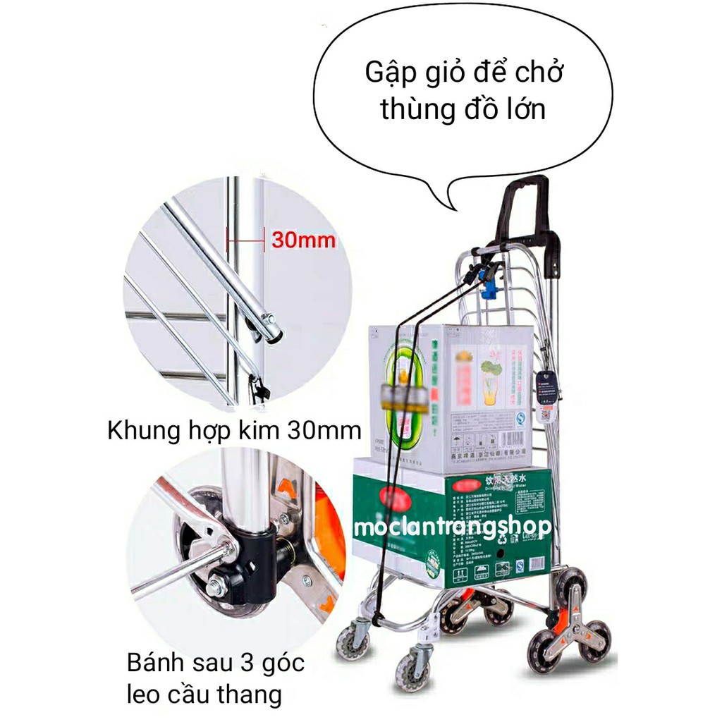 Xe đẩy kéo hàng inox đa năng 2 trong 1 thông minh leo bậc thang kèm túi vải. Xe kéo đi chợ, siêu thị chở hàng gấp gọn