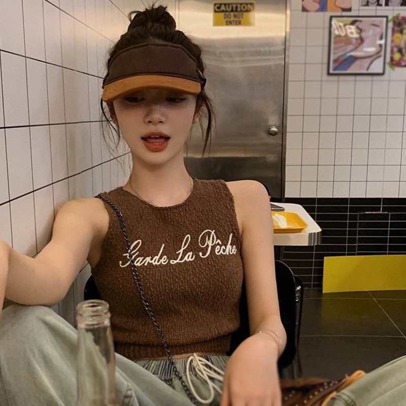 Áo Tank Top Dệt Kim Sát Nách Cổ Tròn Hở Lưng In Chữ Phong Cách Hàn Quốc Thời Trang Cho Nữ