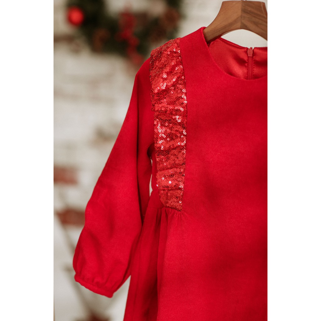 [LITTLE PINK] MAIKA DRESS - Váy nhung đỏ bèo kim sa bé gái