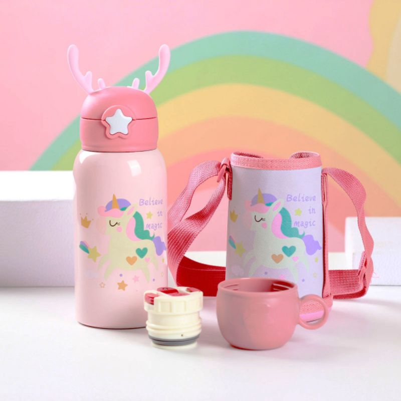 BÌNH GIỮ NHIỆT CHO BÉ HÌNH UNICORN NẮP BẬT VÓ ỐNG HÚT NHỰA VÀ NẮP VẶN QUAI TÚI ĐEO ĐI HỌC/ CHƠI MÀU HỒNG