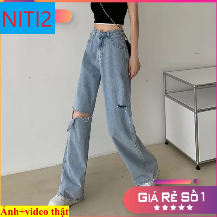 [ THIÊN THẦN ] QUẦN JEAN ỐNG RỘNG NỮ LƯNG CAO FORM DÀI RỘNG RÁCH ĐÙI TRÁI CAO PHỐI VẠT GỐI PHẢI MÀU XANH NHẠT CAO CẤP