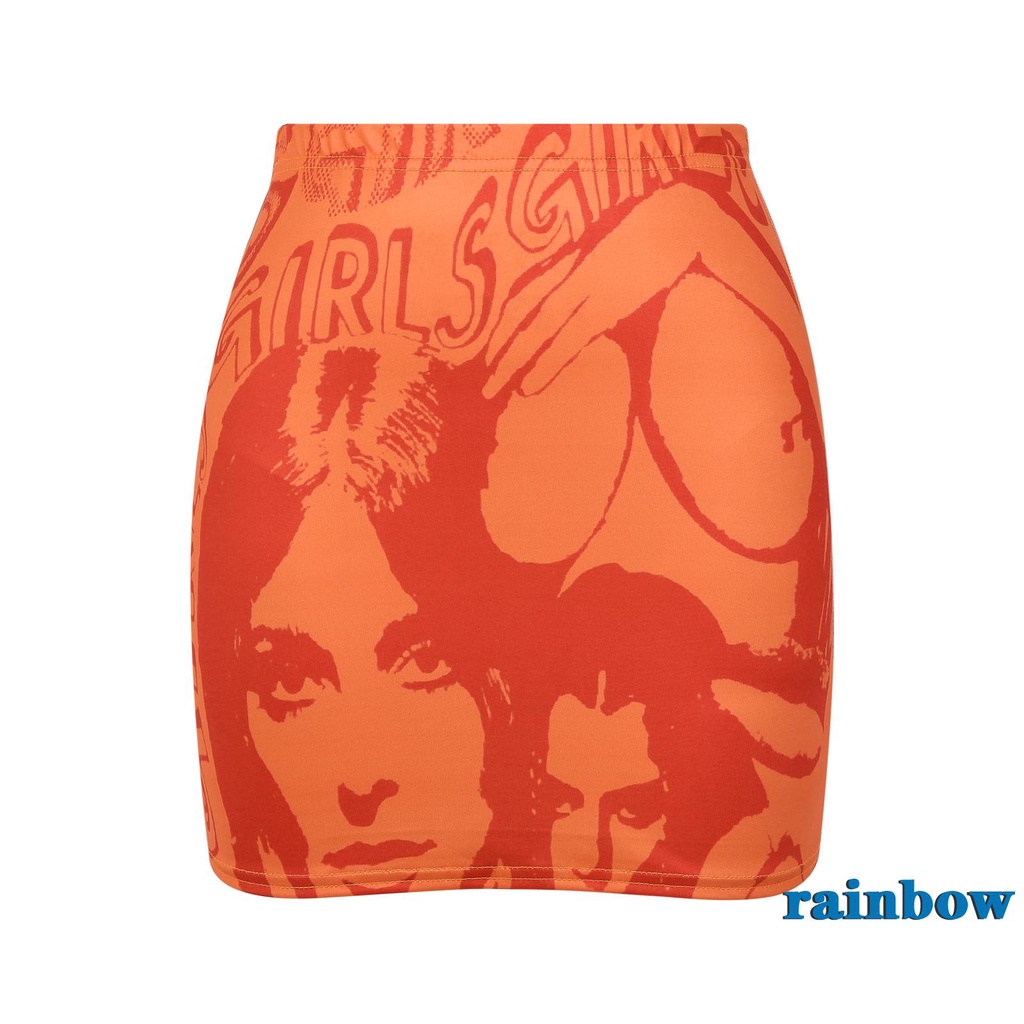 Chân váy ngắn lưng thấp in họa tiết cầu vồng màu cam / trắng phong cách thời trang cho nữ