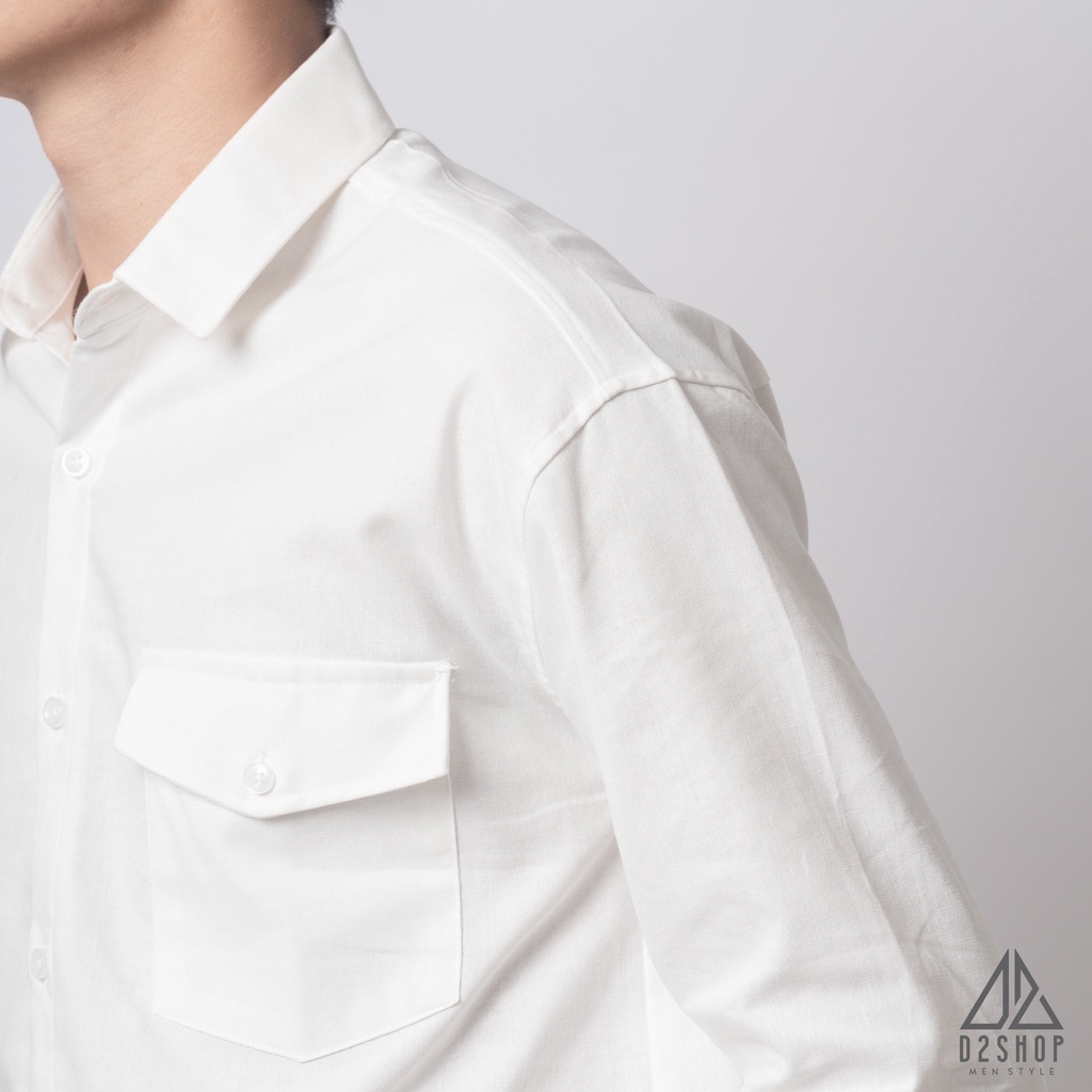 Áo sơ mi D2shop, áo sơ mi nam dài tay vải linen túi hộp, màu trắng