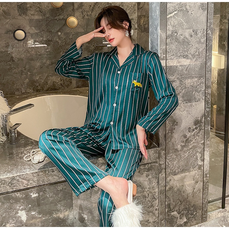 Bộ đồ ngủ dài tay giả lụa lạnh họa tiết kẻ sọc thiết kế độc đáo thời trang xuân thu cho cặp đôi