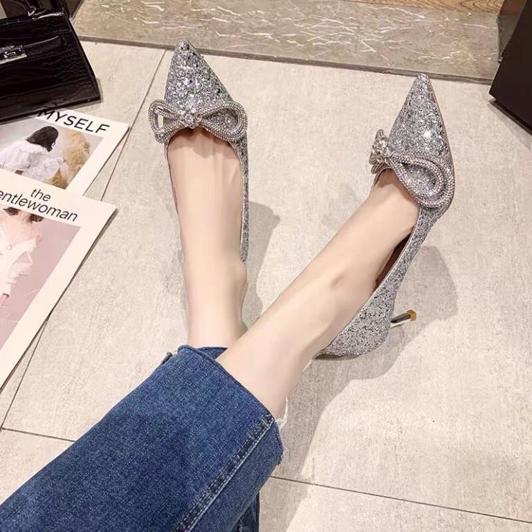 RẺ NHẤT SHOPEE giày cao gót kim tuyến bling nơ to đính hạt nữ mũi nhọn