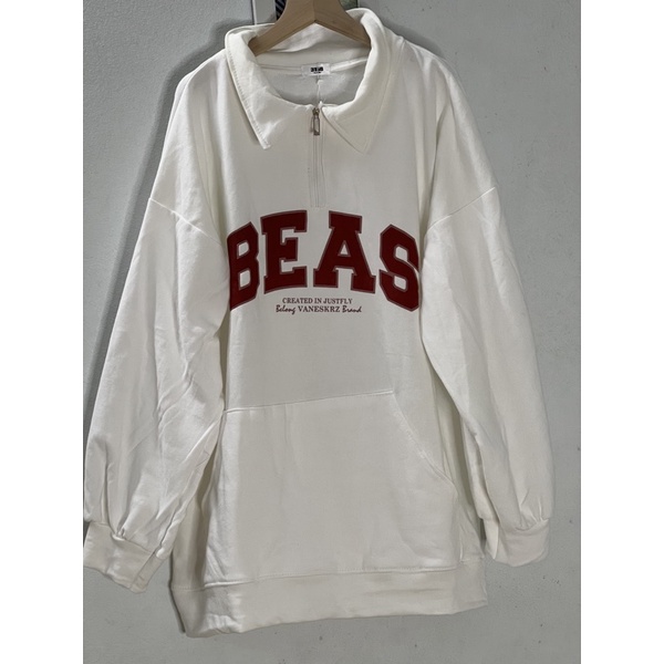 Áo Nỉ Polo Phối Khóa Cổ BEAS  Nữ [FREESHIP] Sweater form rộng tay bồng màu trắng phối chữ đỏ vintage hàn quốc