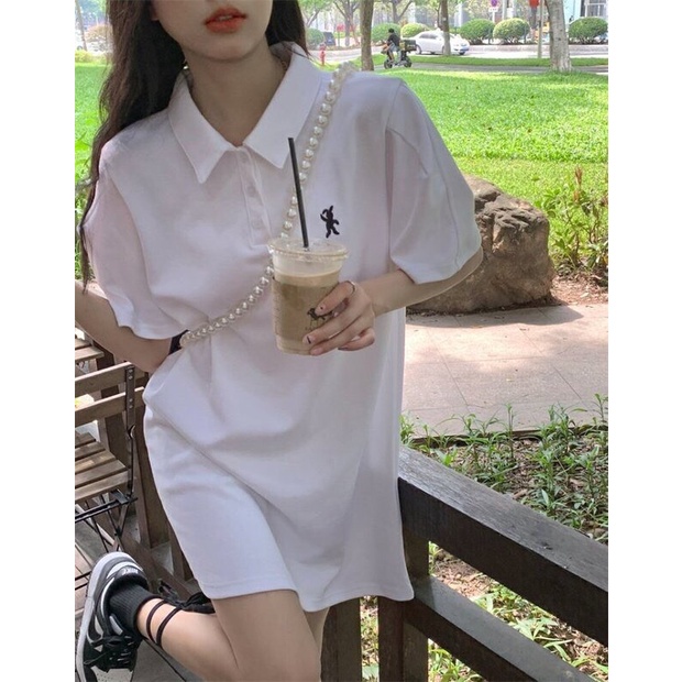 Váy Thun Polo Thêu Thỏ PEONYB Nữ [FREESHIP]  Đầm dáng suông cổ bẻ tay lỡ kiểu dáng học sinh cá tính hàn quốc Ulzzang