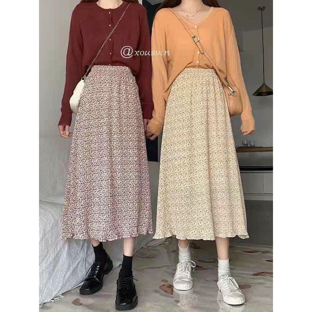 Chân Váy Hoa Nhí Dáng Dài 2 Lớp Chân Váy Xếp Ly Nhăn Siêu Đẹp