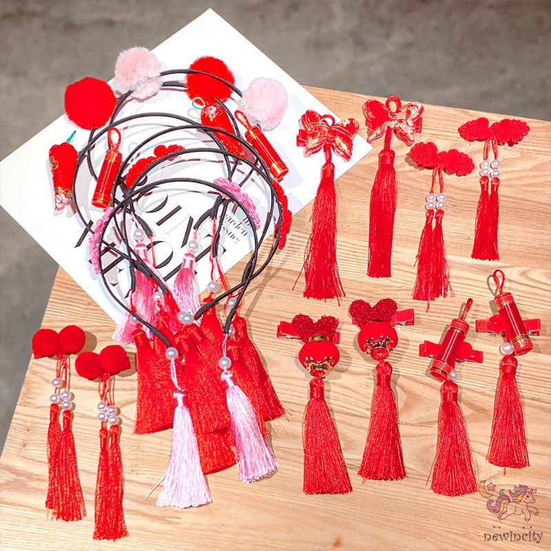 Bộ 2 kẹp tóc/ 1 băng đô tua rua phong cách Trung Hoa cổ điển xinh xắn đáng yêu cho bé gái