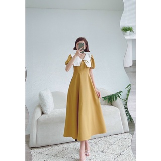 Đầm váy freesize vàng cổ trắng form dài