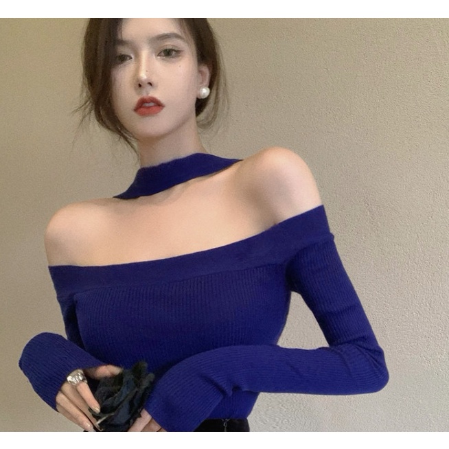 Áo dệt kim tay dài trễ vai dáng ôm thời trang quyến rũ cho nữ COZOK