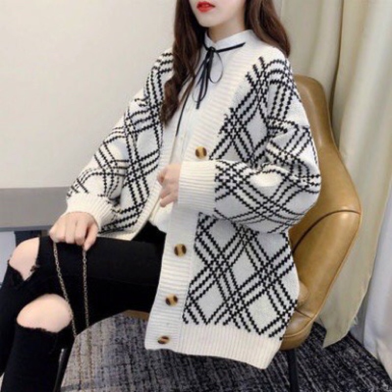 Áo khoác len cadigan, khoác len form rộng dáng dài chùm mông hoạ tiết sọc chéo hàng quảng châu freesize