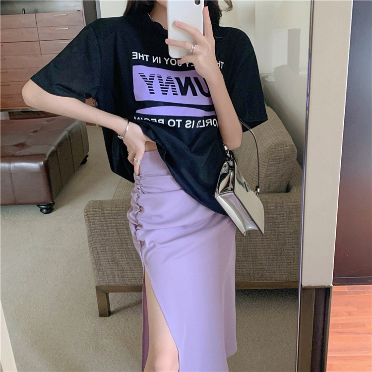 Bộ Áo Thun Ngắn Tay In Họa Tiết + Chân Váy Lưng Cao Xẻ Tà Xinh Xắn Dành Cho Nữ | BigBuy360 - bigbuy360.vn