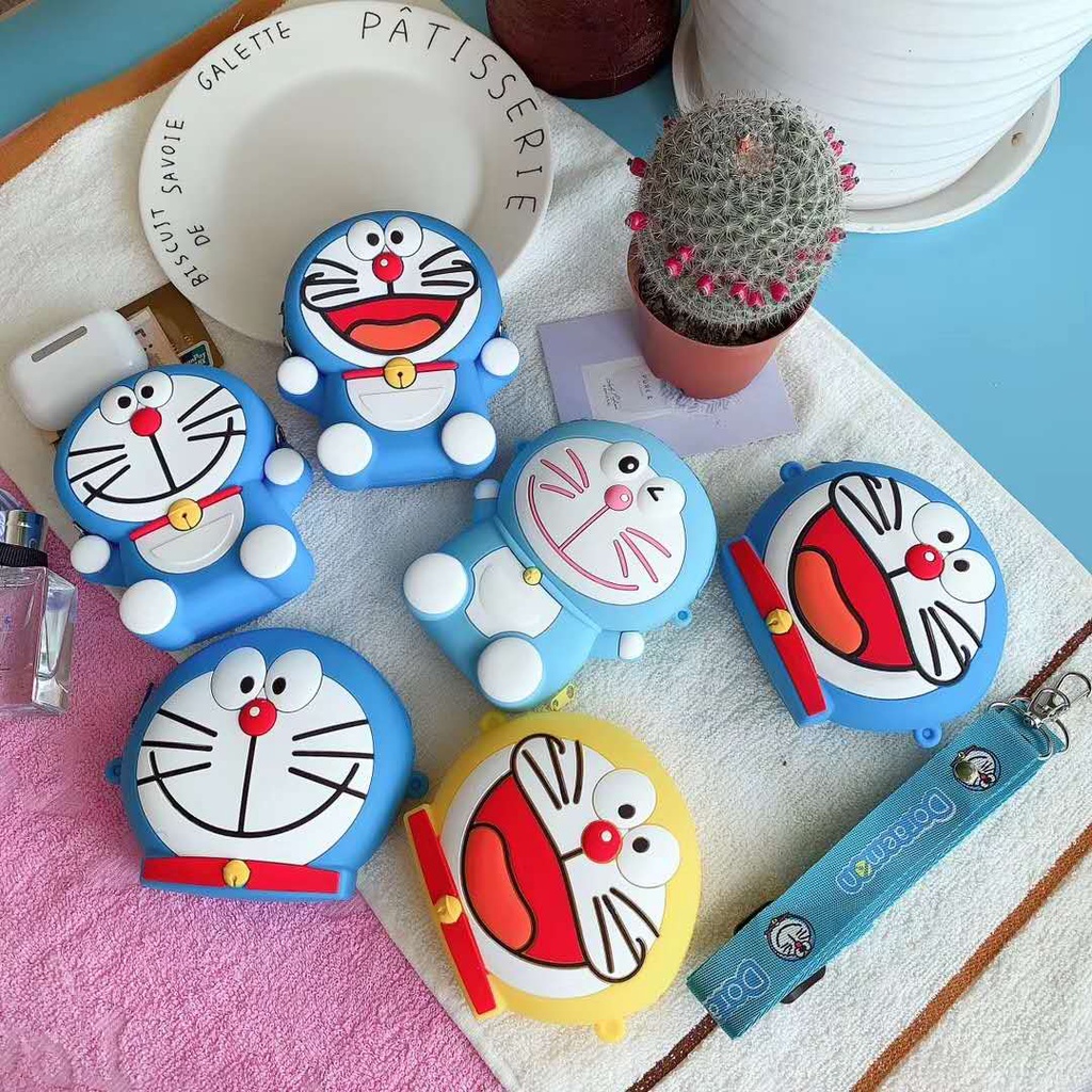 Túi đeo chéo đựng tiền xu/ thẻ bằng silicon mềm hình Doraemon có dây đeo phong cách Hàn Quốc cho nữ