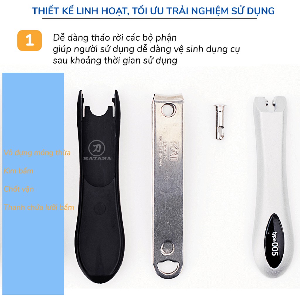 Bấm móng tay Nhật KAI KE0105 tay cầm nguyên khối - Kèm dũa và đựng móng thừa - BH 12 tháng 1 ĐỔI 1