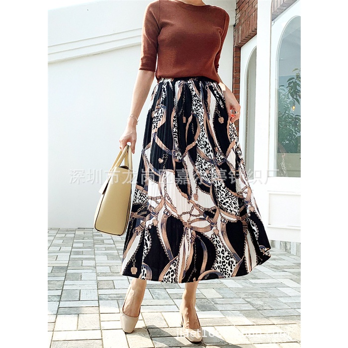 Chân váy xếp ly dáng dài họa tiết hiện đại phong cách Châu Âu VAY83 Free size