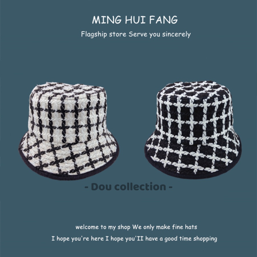 Mũ bucket len Unisex Retro vành ngắn họa tiết Houndstooth &amp; Caro thu đông phong cách Nhật Bản - Mã NV038