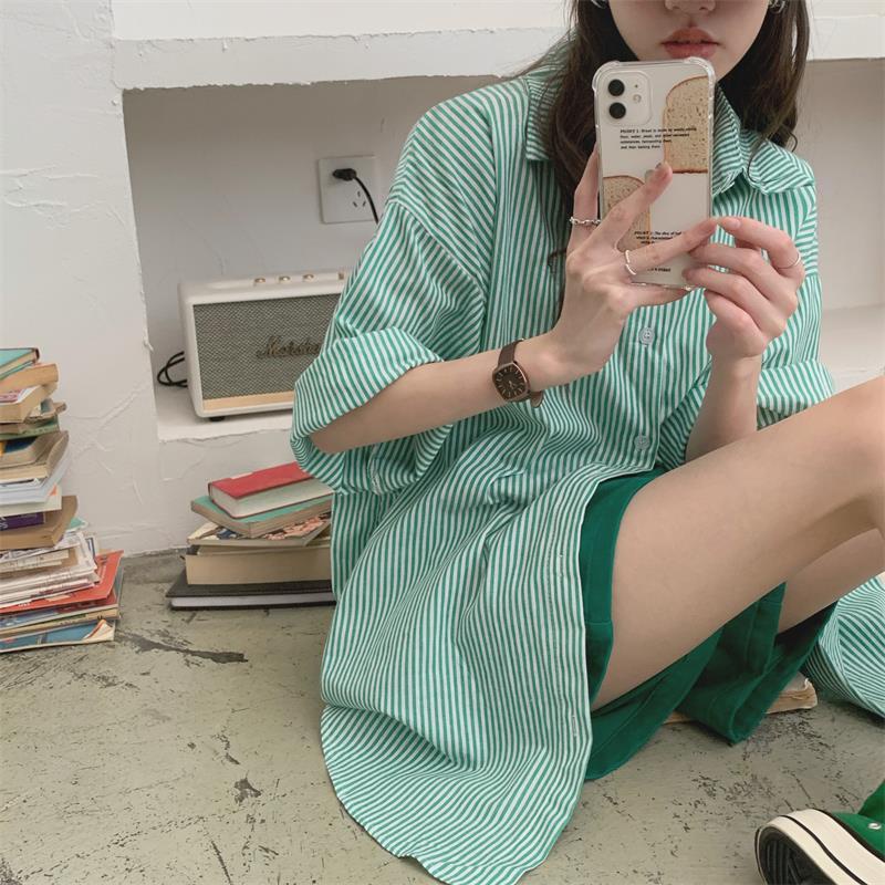 [MURIOKI] Áo Sơ Mi Tay Dài Dáng Rộng Họa Tiết Kẻ Sọc Thời Trang Hàn Quốc 2022 Cho Nữ