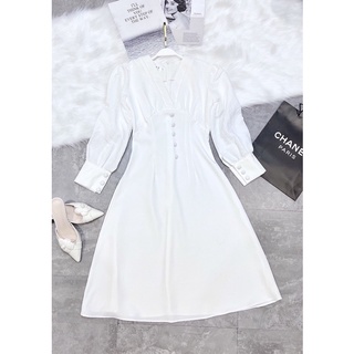 [HV] Váy cổ V phối xốp cúc bọc
