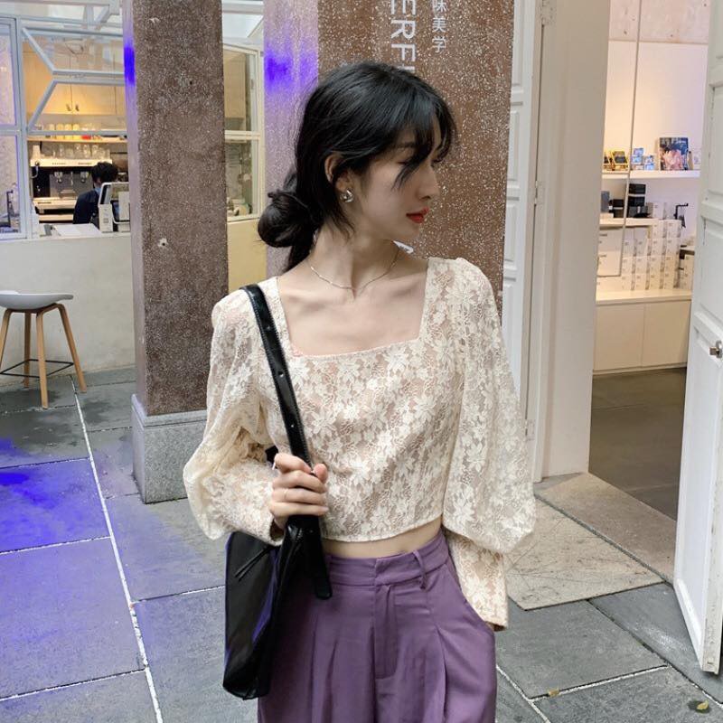Set áo ren trắng tay dài cổ vuông croptop ngắn + quần dài lưng cao màu tím ulzzang ( có bán riêng )
