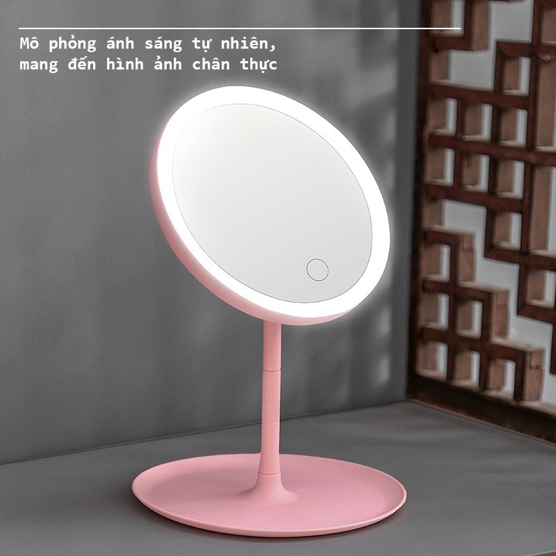 Gương tròn trang điểm để bàn có đèn LED, Đèn bàn cảm ứng 3 cấp độ ánh sáng, Cáp sạc USB