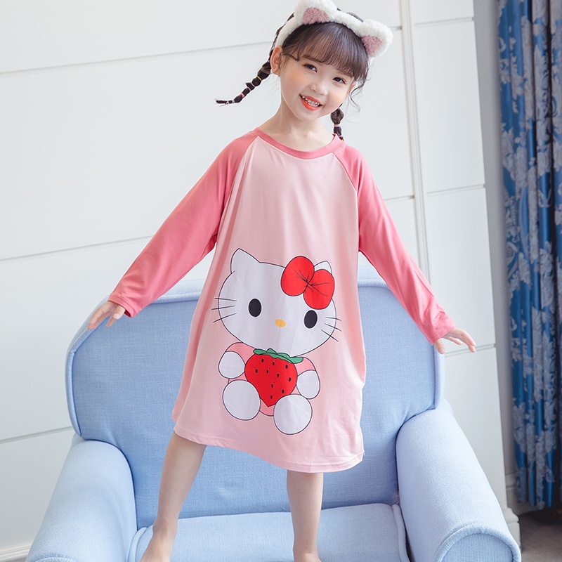 Đầm ngủ tay dài cổ tròn chất liệu cotton thoáng khí in họa tiết hoạt hình phong cách Hàn Quốc dành cho bé gái