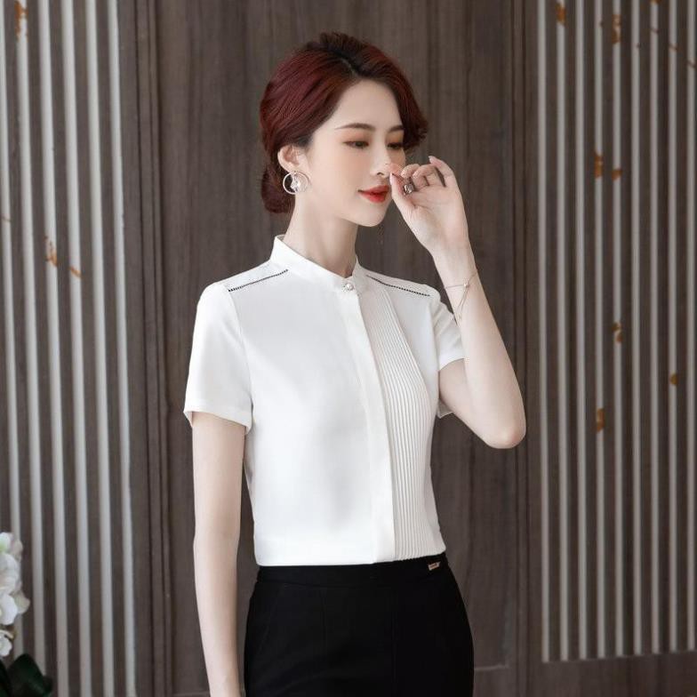 Áo Sơ Mi Nữ VNXK Cao Cấp  Áo nữ công sở - Sơ Mi Cổ Tàu Xếp Ly 1 Bên Ngực A257