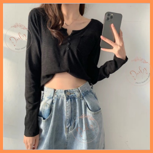 Áo Thun Nữ Dài Tay Cổ V phối khuy 3 Màu Đen, Trắng, Nâu