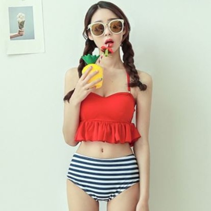Đồ Bơi, Bikini 2 Mảnh Bèo Đỏ Quần Sọc SAVVY Thời Trang Hàn Quốc Đẹp