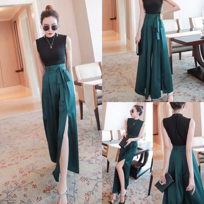 Set Bộ công sở áo thun quần xẻ tà, Set áo thun gân mix quần tây ống rộng xẻ tà | BigBuy360 - bigbuy360.vn