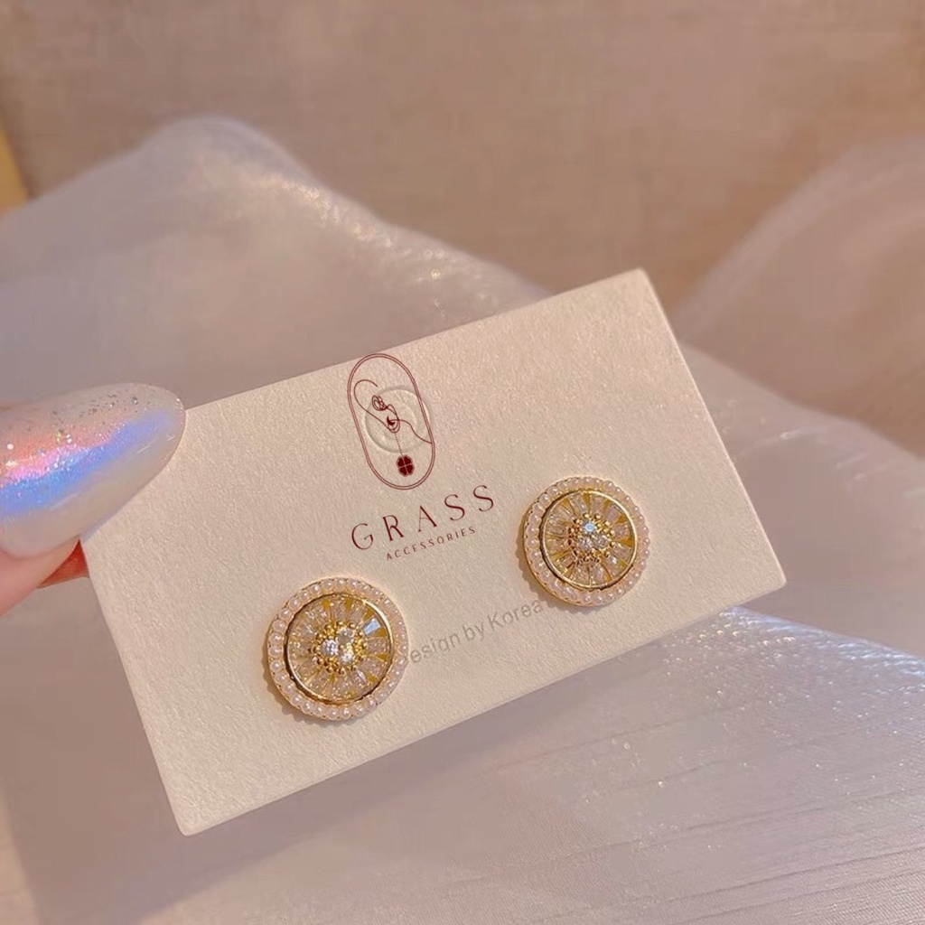 Khuyên tai, bông tai nữ viền tròn đính đá cao cấp chuôi bạc S925 SP025 GRASS. ACCESSORIES